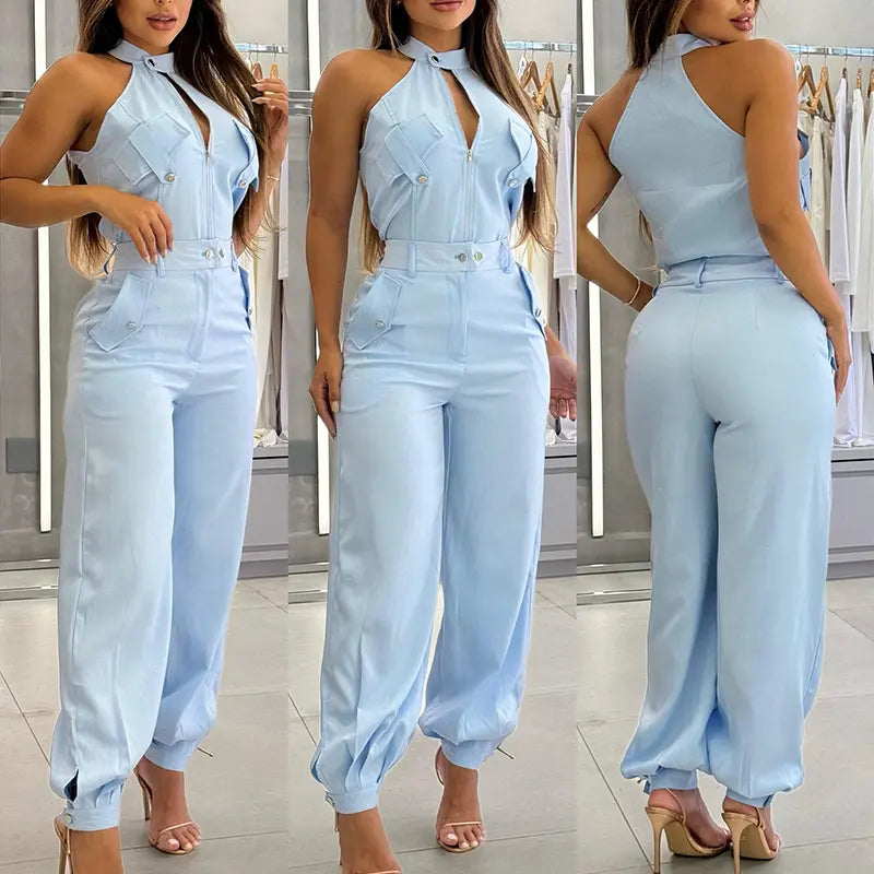 Ladies' 2 Pieces Outfits Sleeveless High Neck Cargo Pockets Design Top and Casual Cuffed Long Pants Set