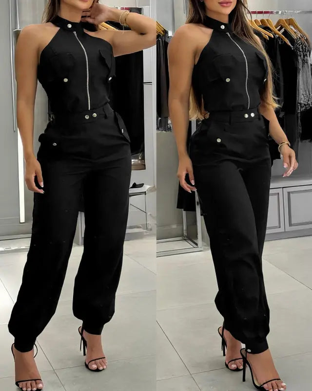 Ladies' 2 Pieces Outfits Sleeveless High Neck Cargo Pockets Design Top and Casual Cuffed Long Pants Set