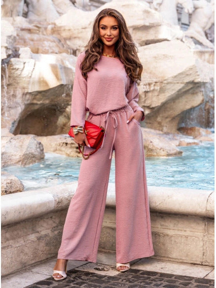 Solid color round neck linen cotton top and casual lace-up loose pants (2 pieces)