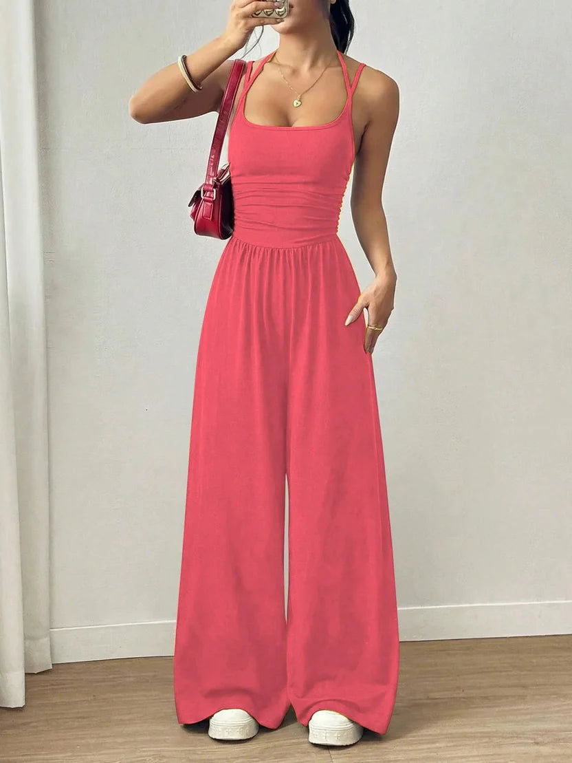 ☀️ Damen Sommer-Jumpsuit – Spaghettiträger, geraffte Taille, weites Bein, atmungsaktiv & figurbetont, S–XL