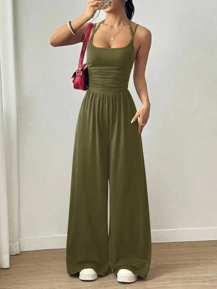 ☀️ Damen Sommer-Jumpsuit – Spaghettiträger, geraffte Taille, weites Bein, atmungsaktiv & figurbetont, S–XL