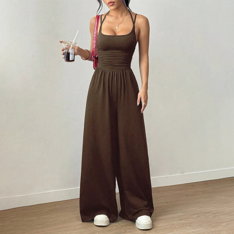 ☀️ Damen Sommer-Jumpsuit – Spaghettiträger, geraffte Taille, weites Bein, atmungsaktiv & figurbetont, S–XL