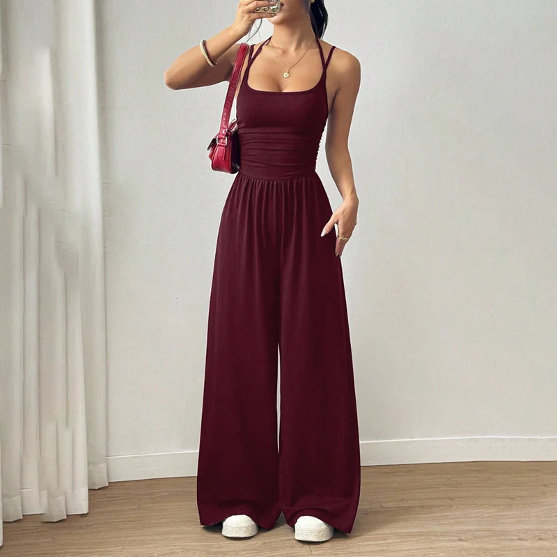 ☀️ Damen Sommer-Jumpsuit – Spaghettiträger, geraffte Taille, weites Bein, atmungsaktiv & figurbetont, S–XL
