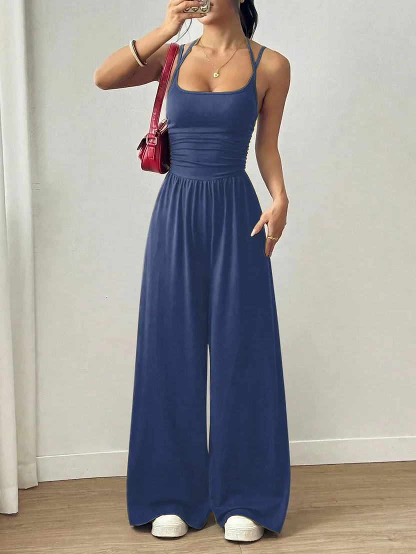 ☀️ Damen Sommer-Jumpsuit – Spaghettiträger, geraffte Taille, weites Bein, atmungsaktiv & figurbetont, S–XL