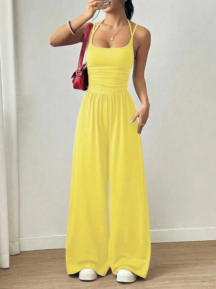 ☀️ Damen Sommer-Jumpsuit – Spaghettiträger, geraffte Taille, weites Bein, atmungsaktiv & figurbetont, S–XL
