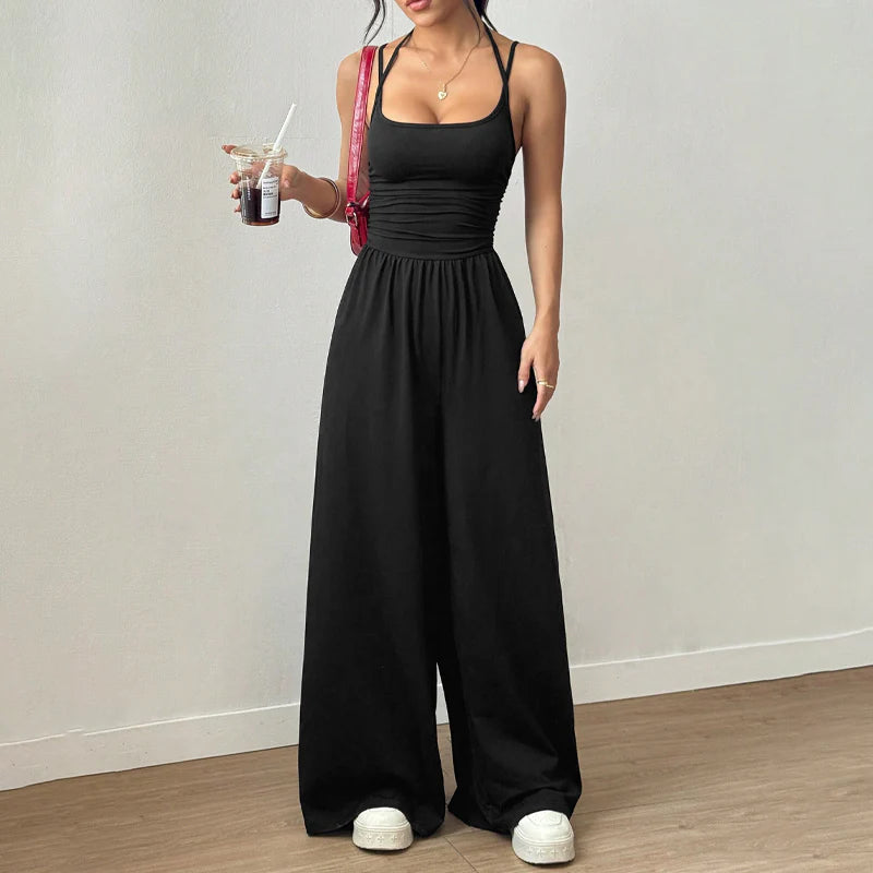 ☀️ Damen Sommer-Jumpsuit – Spaghettiträger, geraffte Taille, weites Bein, atmungsaktiv & figurbetont, S–XL