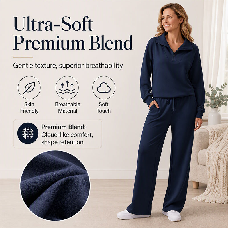 🌸Hot Sale 50% OFF☁️Women's Half-Zip Lapel Top and Wide-Leg Pants Set