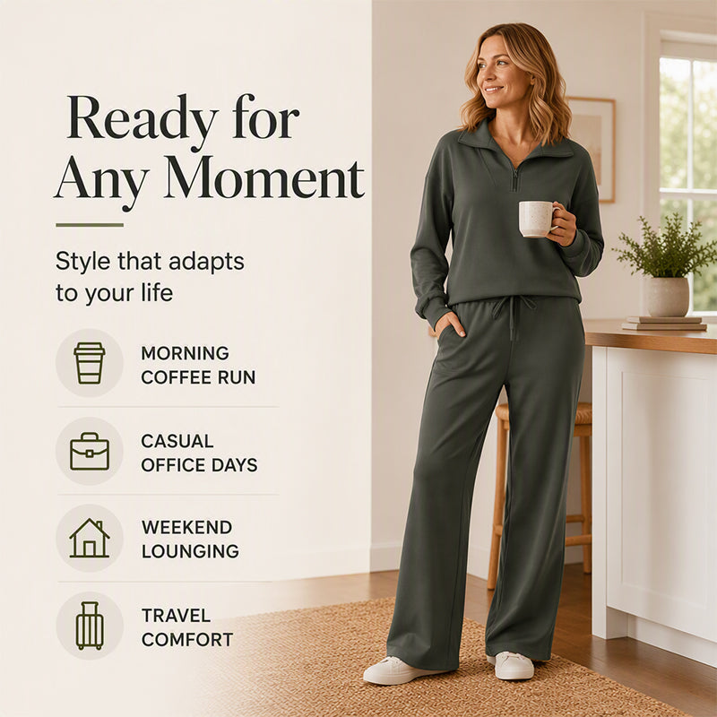 🌸Hot Sale 50% OFF☁️Women's Half-Zip Lapel Top and Wide-Leg Pants Set