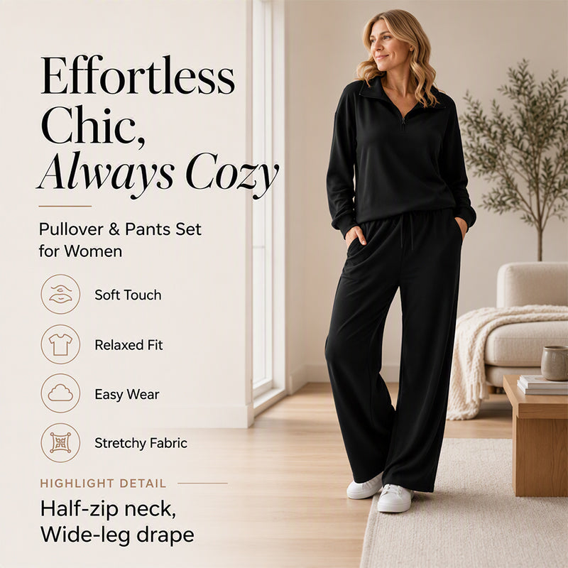 🌸Hot Sale 50% OFF☁️Women's Half-Zip Lapel Top and Wide-Leg Pants Set