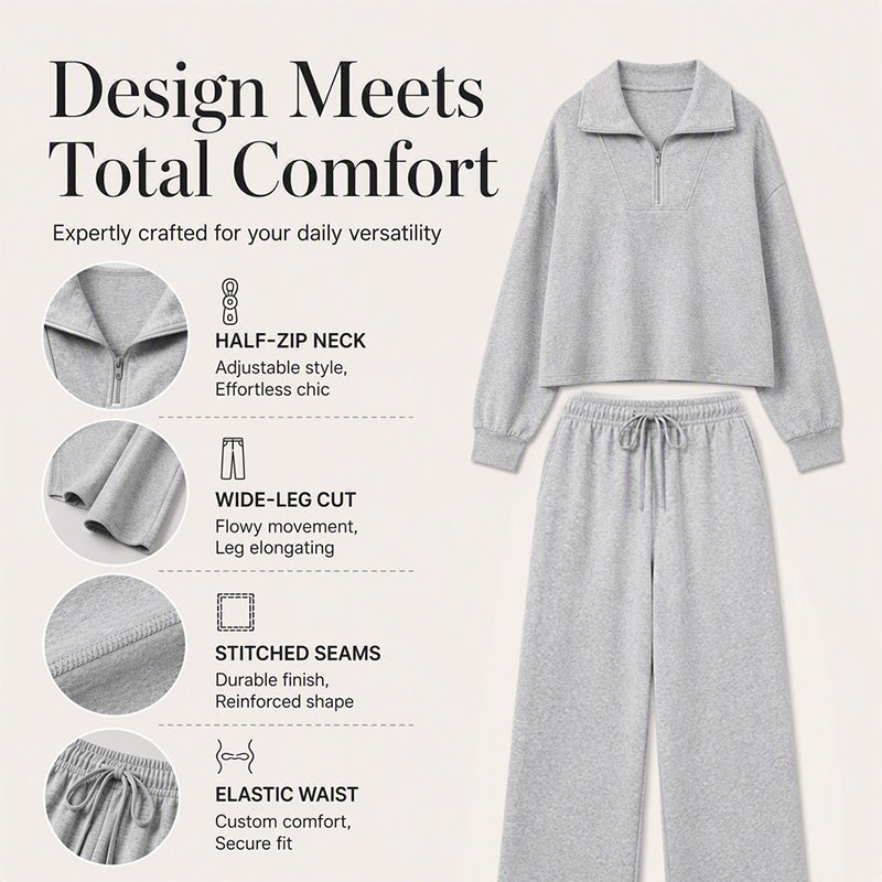 🌸Hot Sale 50% OFF☁️Women's Half-Zip Lapel Top and Wide-Leg Pants Set
