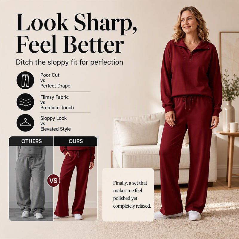 🌸Hot Sale 50% OFF☁️Women's Half-Zip Lapel Top and Wide-Leg Pants Set