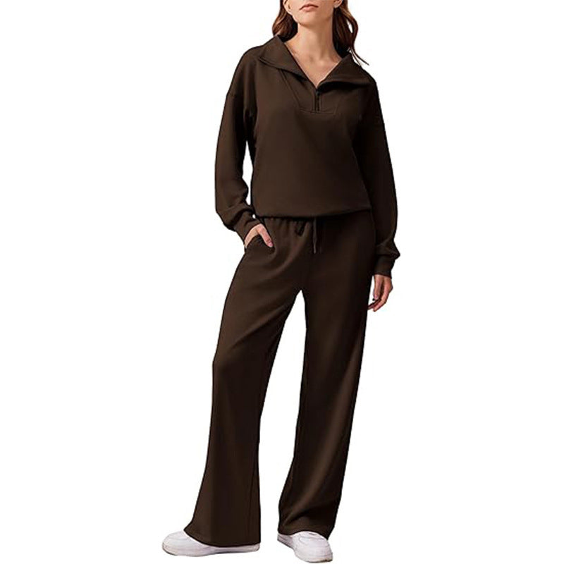 🌸Hot Sale 50% OFF☁️Women's Half-Zip Lapel Top and Wide-Leg Pants Set