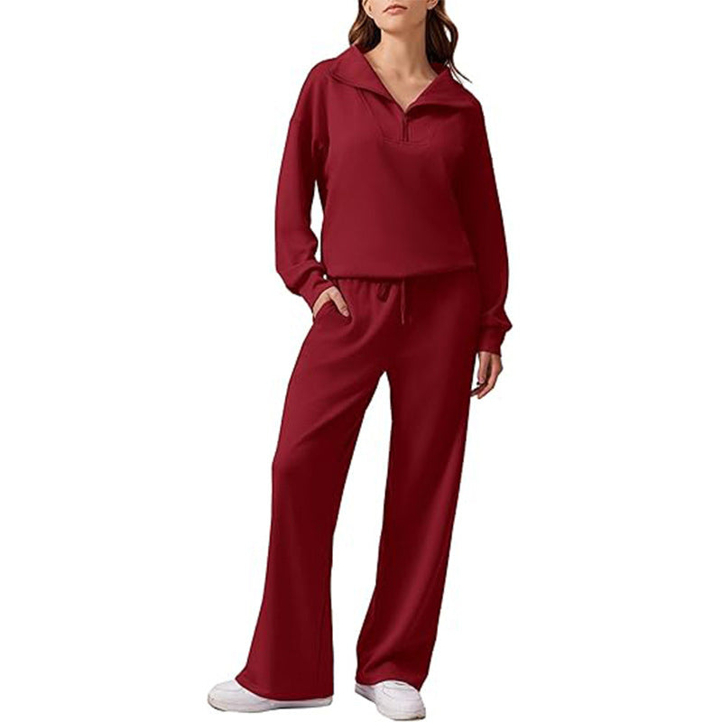 🌸Hot Sale 50% OFF☁️Women's Half-Zip Lapel Top and Wide-Leg Pants Set