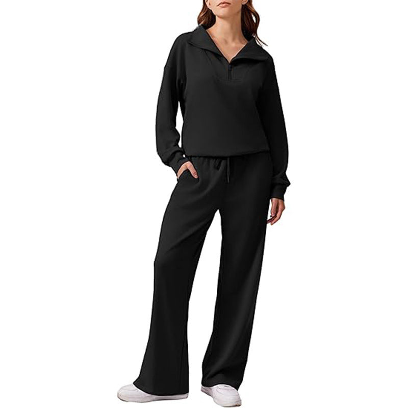 🌸Hot Sale 50% OFF☁️Women's Half-Zip Lapel Top and Wide-Leg Pants Set