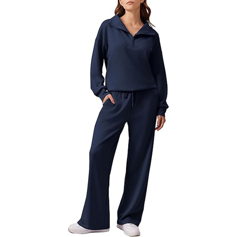 🌸Hot Sale 50% OFF☁️Women's Half-Zip Lapel Top and Wide-Leg Pants Set