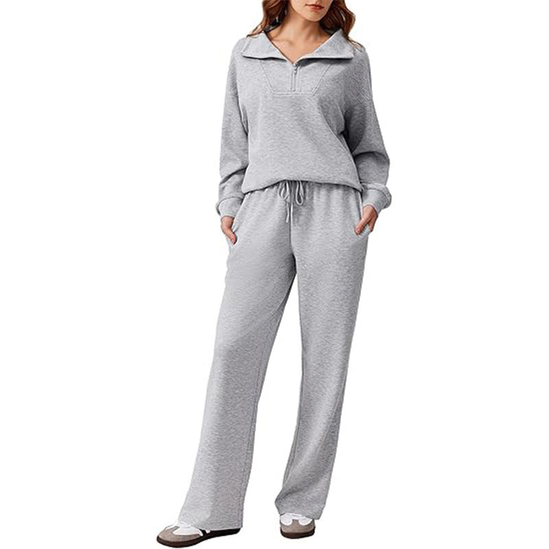🌸Hot Sale 50% OFF☁️Women's Half-Zip Lapel Top and Wide-Leg Pants Set