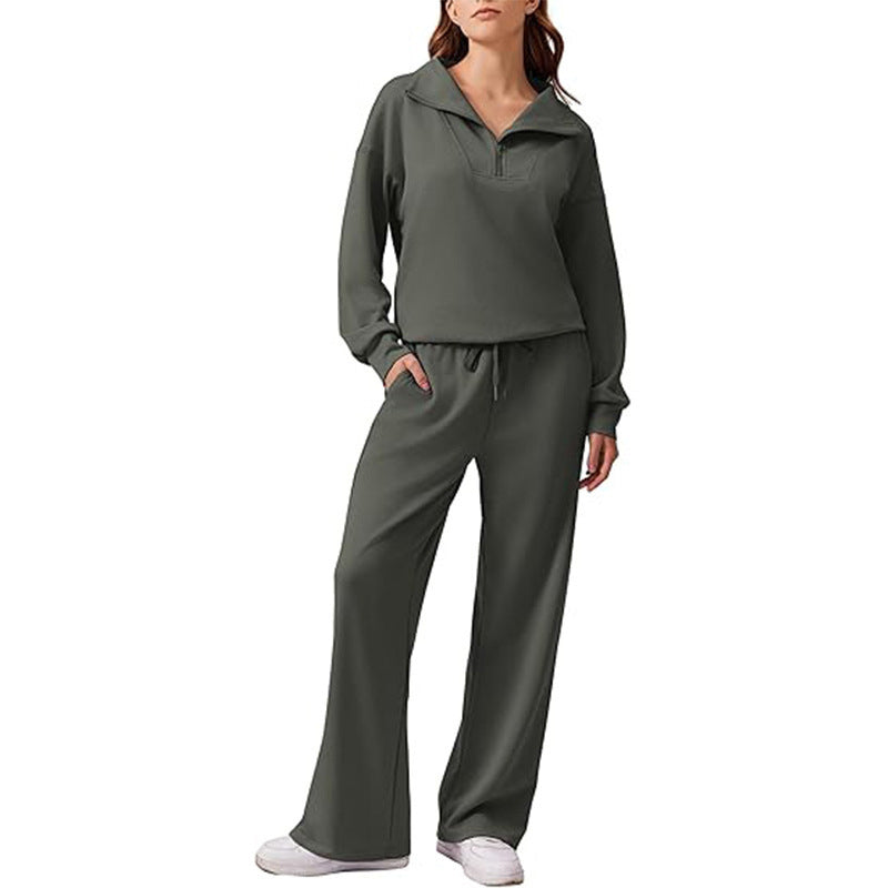 🌸Hot Sale 50% OFF☁️Women's Half-Zip Lapel Top and Wide-Leg Pants Set
