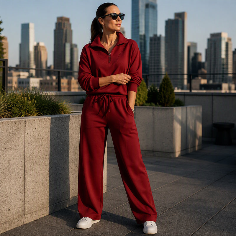 🌸Hot Sale 50% OFF☁️Women's Half-Zip Lapel Top and Wide-Leg Pants Set