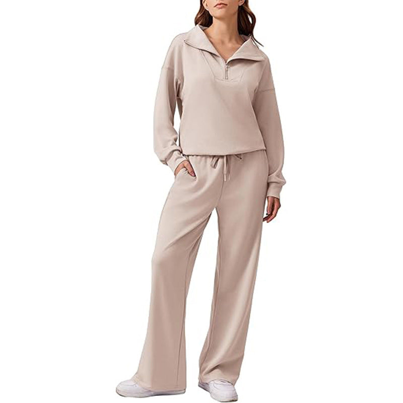 🌸Hot Sale 50% OFF☁️Women's Half-Zip Lapel Top and Wide-Leg Pants Set
